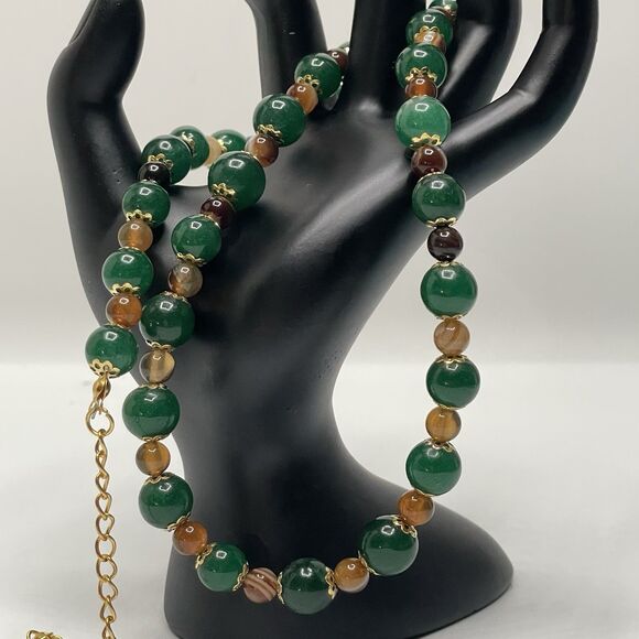 Emerald Green Gemstone Brown Agate Gemstone Beaded Necklace Gold Tone Boho - Picture 8 of 8